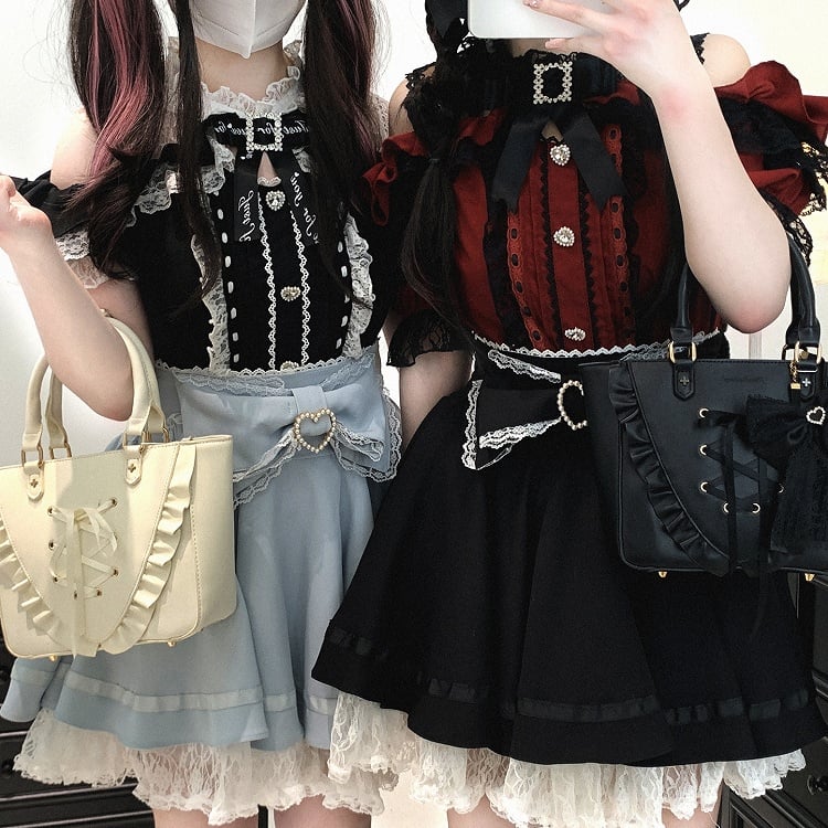 Jirai Kei Lace Trim Beaded Heart Decorated Big Bow Lace-up Back Black/Light Blue Skirt