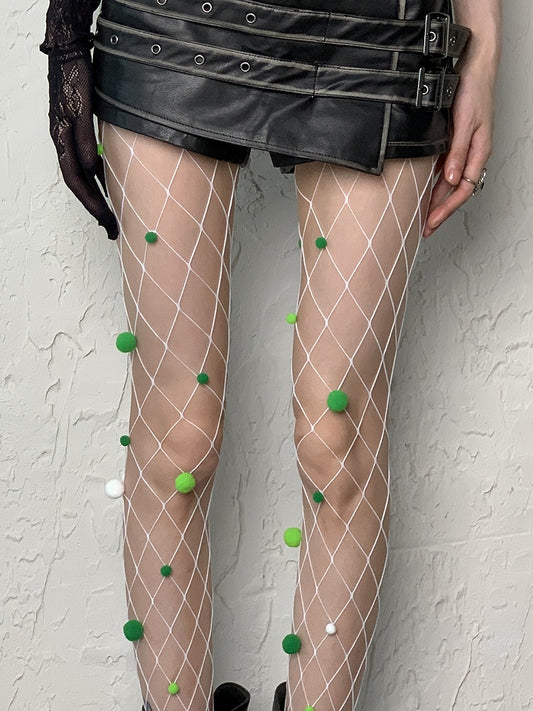 White Y2K Cut-out Design Fishnet Tights With Green Pompons