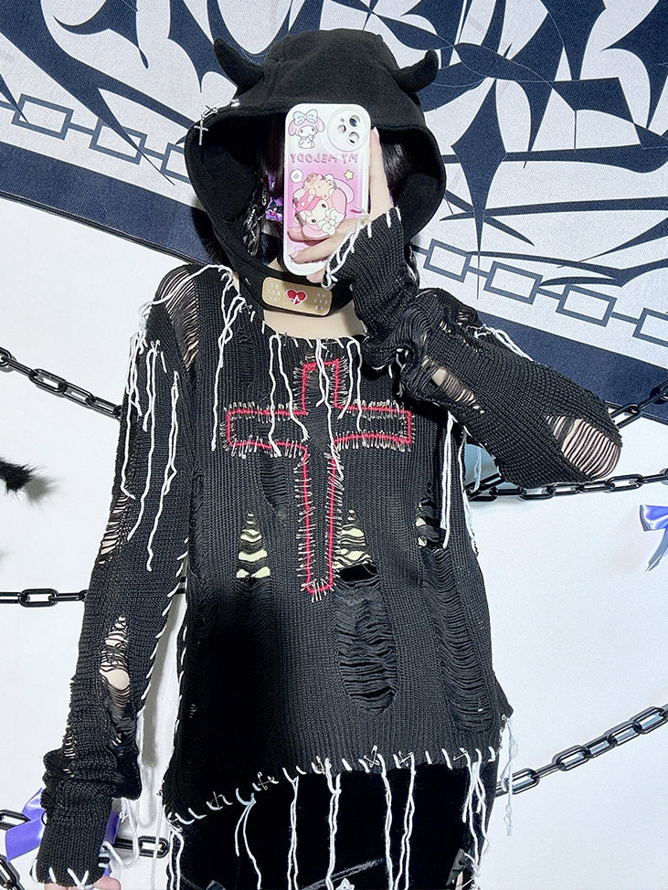 Pins Decorated Black Distressed Holes Punk Cross Sweater