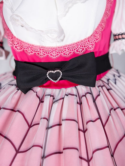 Fanart Fashion Hot Pink Cute Under Bust Dress Spider Web Print Overlay Skirt