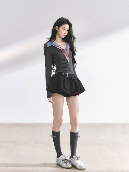 Red Plaid Collar Gray Slim-fitting Top Faux Two-pieces