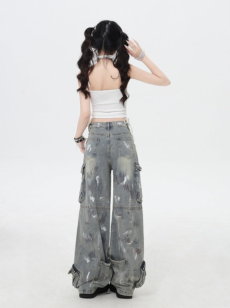 Black/Light Blue Low Rise Spray Paint Print Wide-leg Cargo Jeans