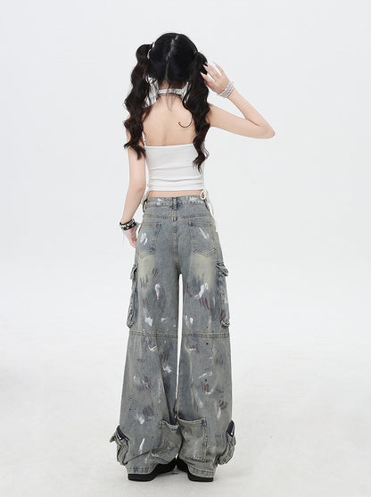 Black/Light Blue Low Rise Spray Paint Print Wide-leg Cargo Jeans