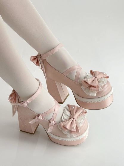Pink Lolita Lace Bowknot Buckle Straps Fork Embroidery Platform Block High Heels