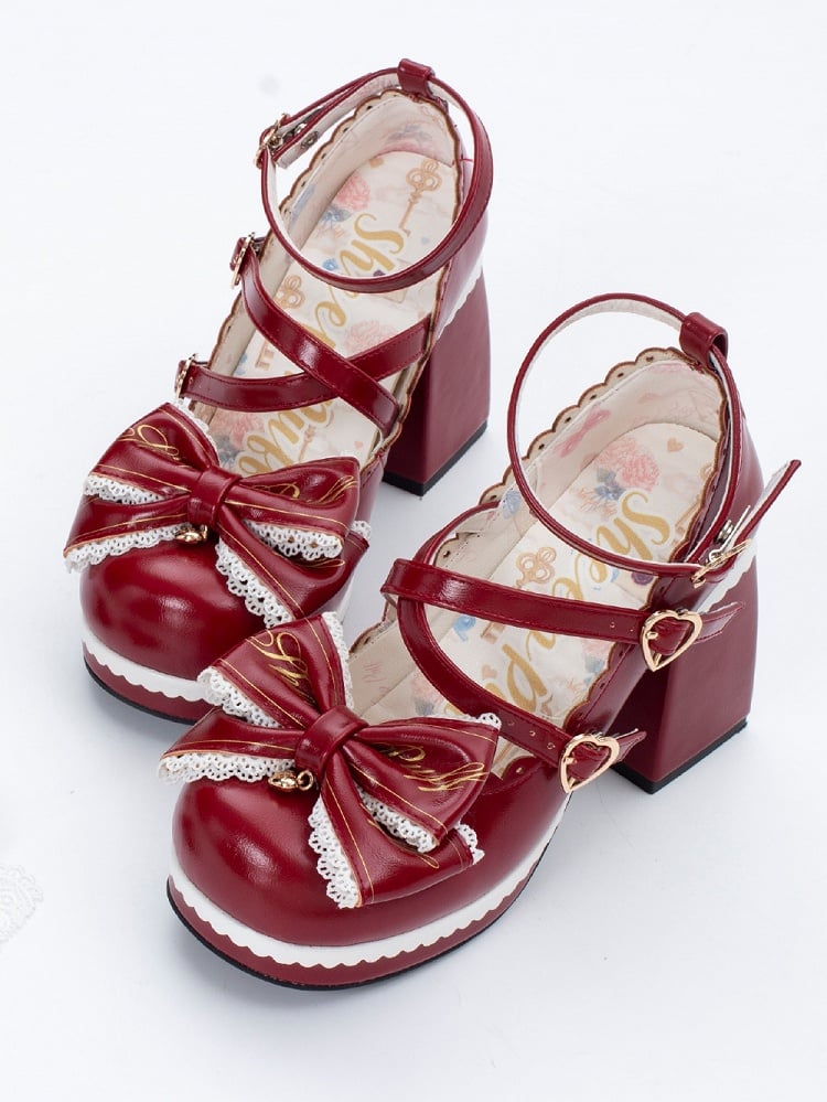 Red Crisscross Design Heart Buckles Detachable Bow at Top High Block Heels