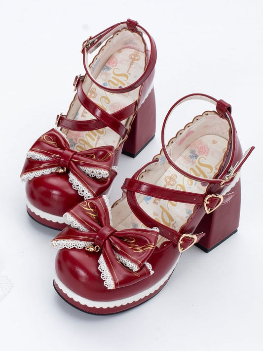 Red Crisscross Design Heart Buckles Detachable Bow at Top High Block Heels