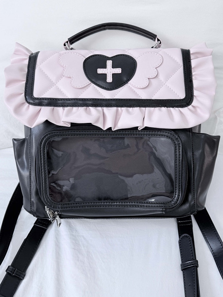 Black & Pink Jirai Kei Ita Bag – Heart & Angel Wings Decoration, Harajuku Style