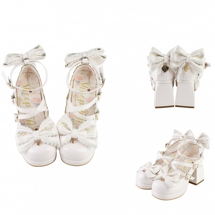 White Crisscross Design Heart Buckles Detachable Bow at Top High Block Heels