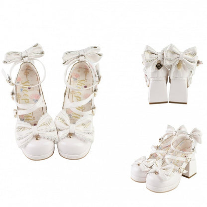White Crisscross Design Heart Buckles Detachable Bow at Top High Block Heels