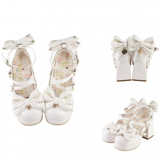 White Crisscross Design Heart Buckles Detachable Bow at Top High Block Heels