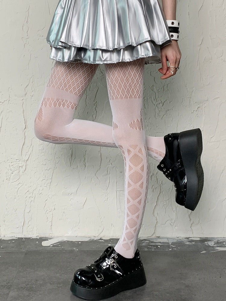 White Y2K Crisscorss Banded Diamond Pattern Tights