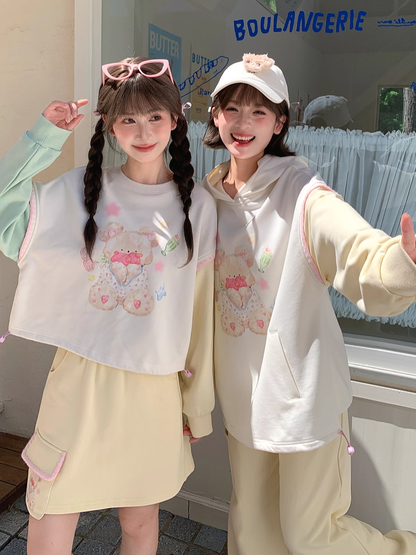 Green and Yellow Colorblock Design Teddy Bear Print Drawstring Hem Autumn Sweatshirt