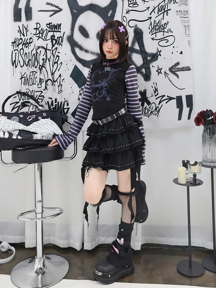 Black Cascading Ruffles Stud Details Balletcore Tiered Skirt