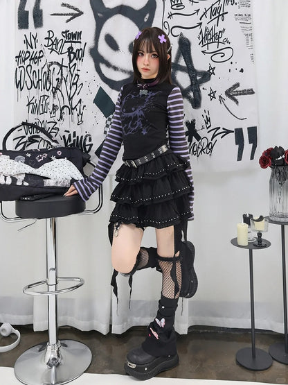 Black Cascading Ruffles Stud Details Balletcore Tiered Skirt