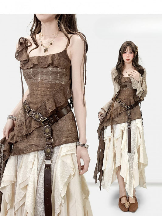 Brown Millard Fashion Asymmetrical Hem Cami Dress + Bell Sleeves Cardigan + White Asymmetrical Hem Skirt