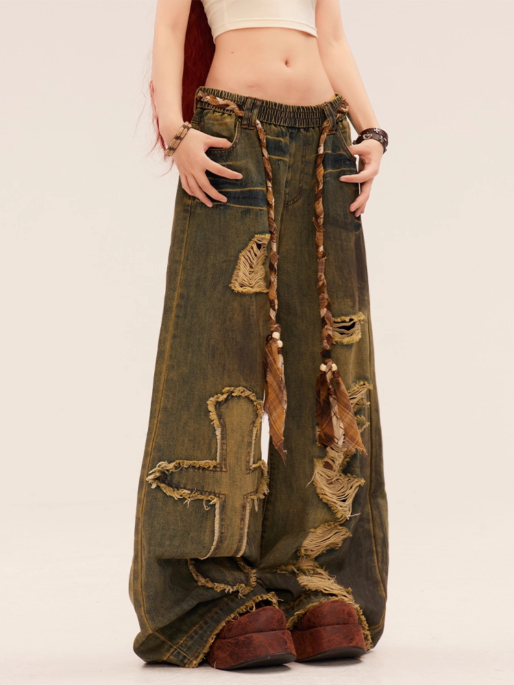 Blue Low Rise Wasteland Punk Cross Applique Distressed Holes Vintage Wide-leg Jeans