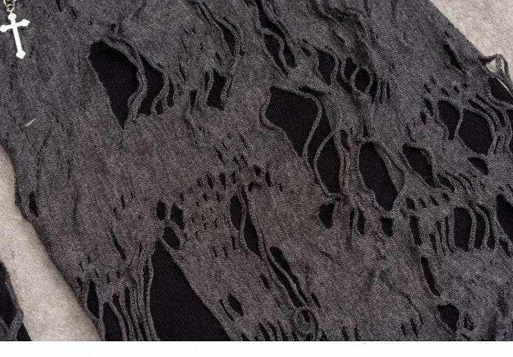 Cross Decorated Distressed Holes Dark Gray Gothic Leg Warmers