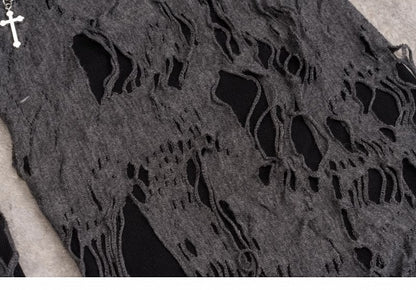 Cross Decorated Distressed Holes Dark Gray Gothic Leg Warmers