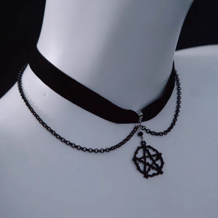 Gothic Pentagram Pendant Black Velvet Choker with Chains