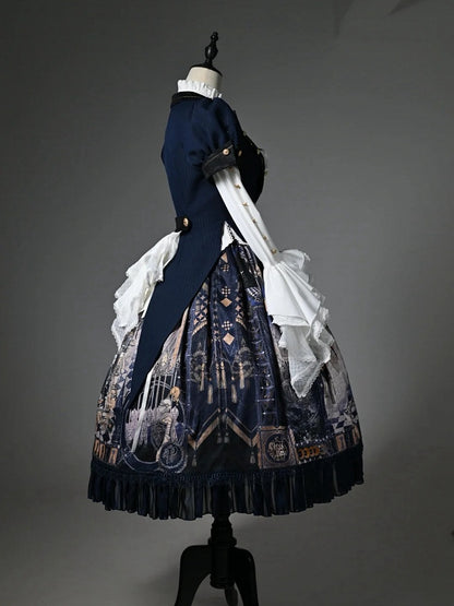 Dark Blue Blazer Collar Short Puff Sleeves Split-Tail Top