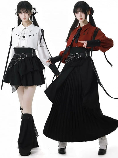 Wine Red/White Ribbon Moon Print Shirt With A Tie