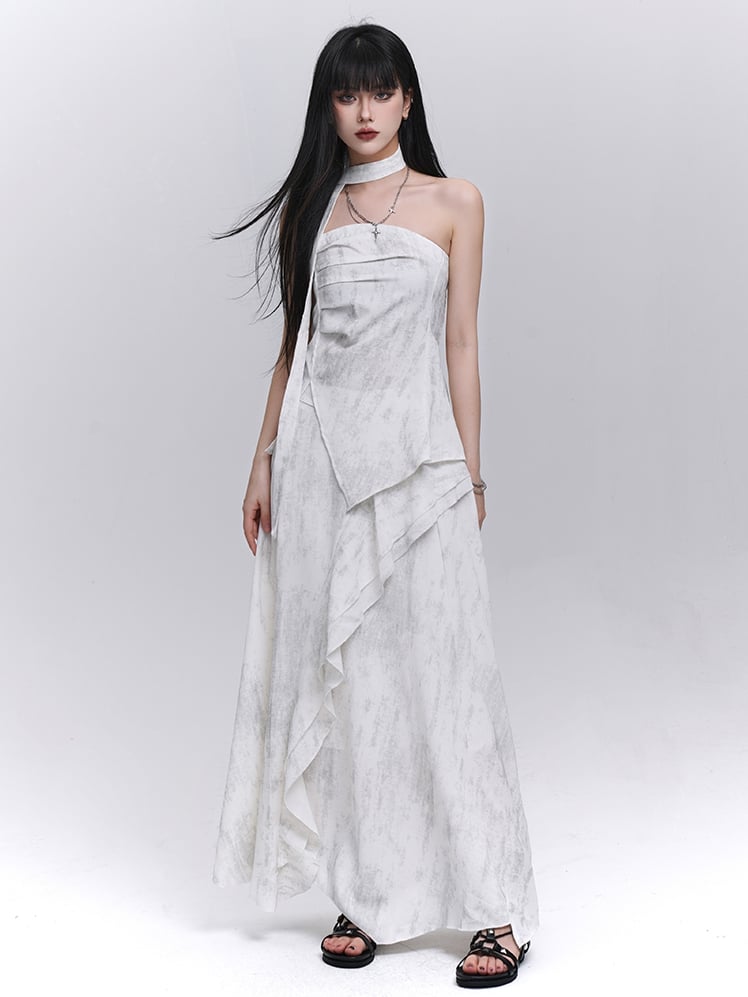 Off-white Side Slit Strapless Top with Scarf / Elastic Waist Cascading Ruffle Trim Skirt