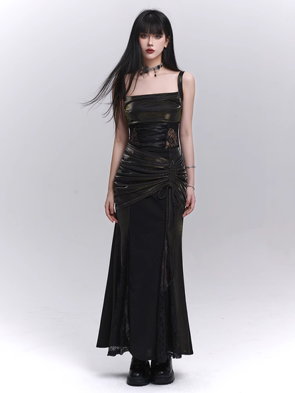 Black Lace Patches Waist Drawstring Hip Sleeveless Dress