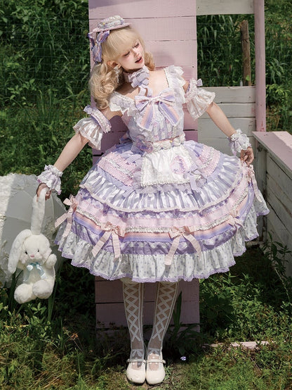 Purple Taro Paste Cake Bow Accents Tiered Skirt Sweet Lolita Dress