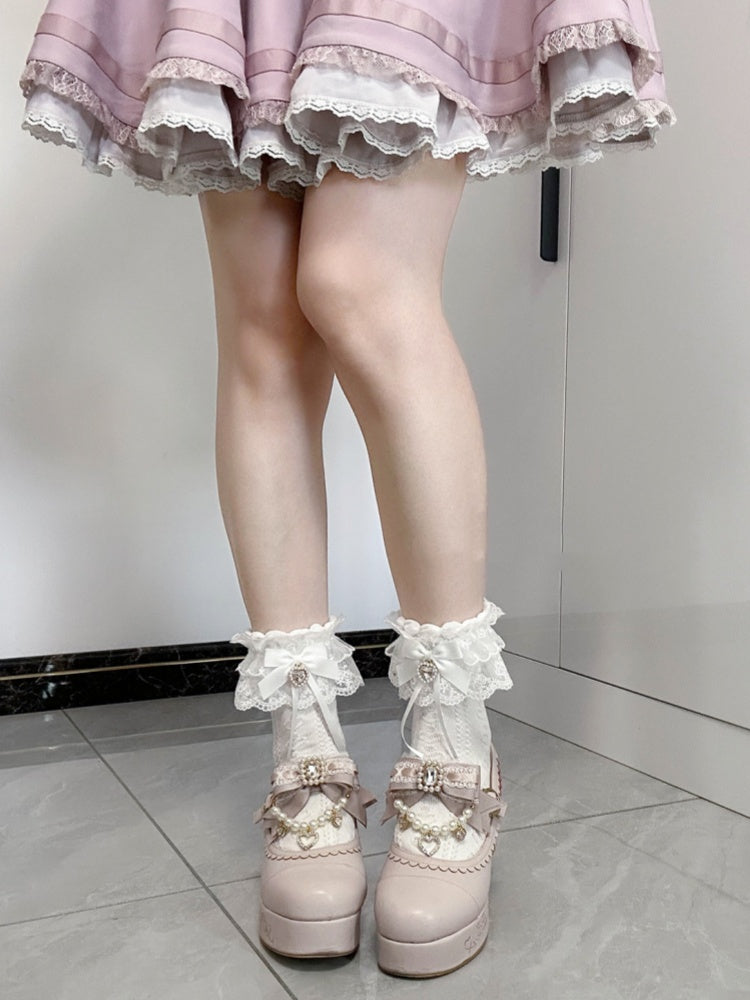 Jirai Kei White Bowknot and Heart Rhinestone Decoration Lace Cuffs White Cotton Ankle Socks