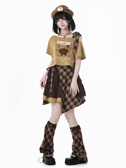 Brown Drawstring Cuffs Plaid Leg Warmers