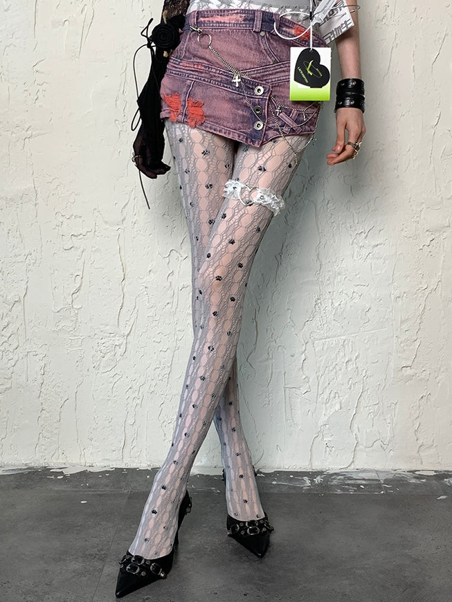 White Y2K Cat Paw Print Tights