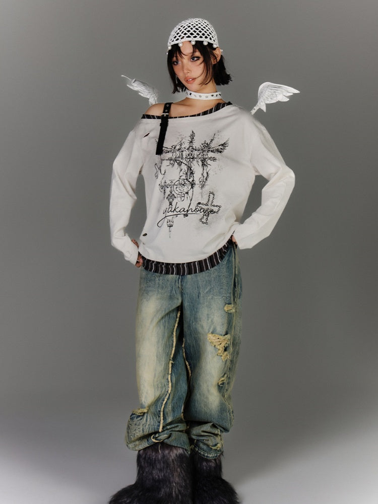 Y2K Apricot Asymmetrical Neckline Buckle Strap Glamorous Graphic Top