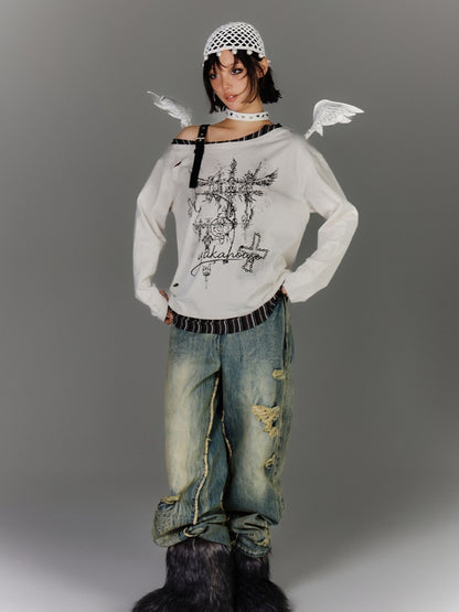 Y2K Apricot Asymmetrical Neckline Buckle Strap Glamorous Graphic Top