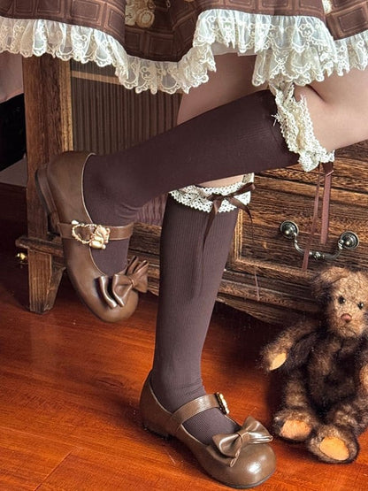 Clearance-Brown Lolita Bowknot Details Ruffled Cuff Lace Calf Socks