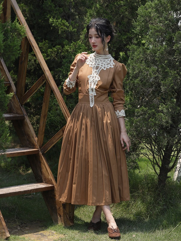 Brown Vintage Banded Collar Long Puff Sleeves Dress