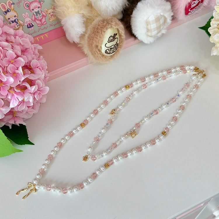 Pink/Blue Bowknot And Floral Pendant Beaded Necklace