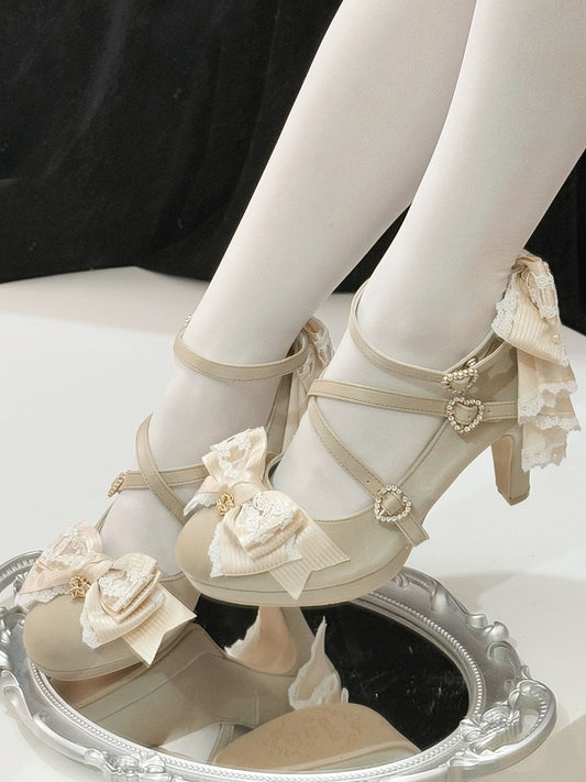 Gold Crisscross Design Heart Buckle Bow at Top High Heels