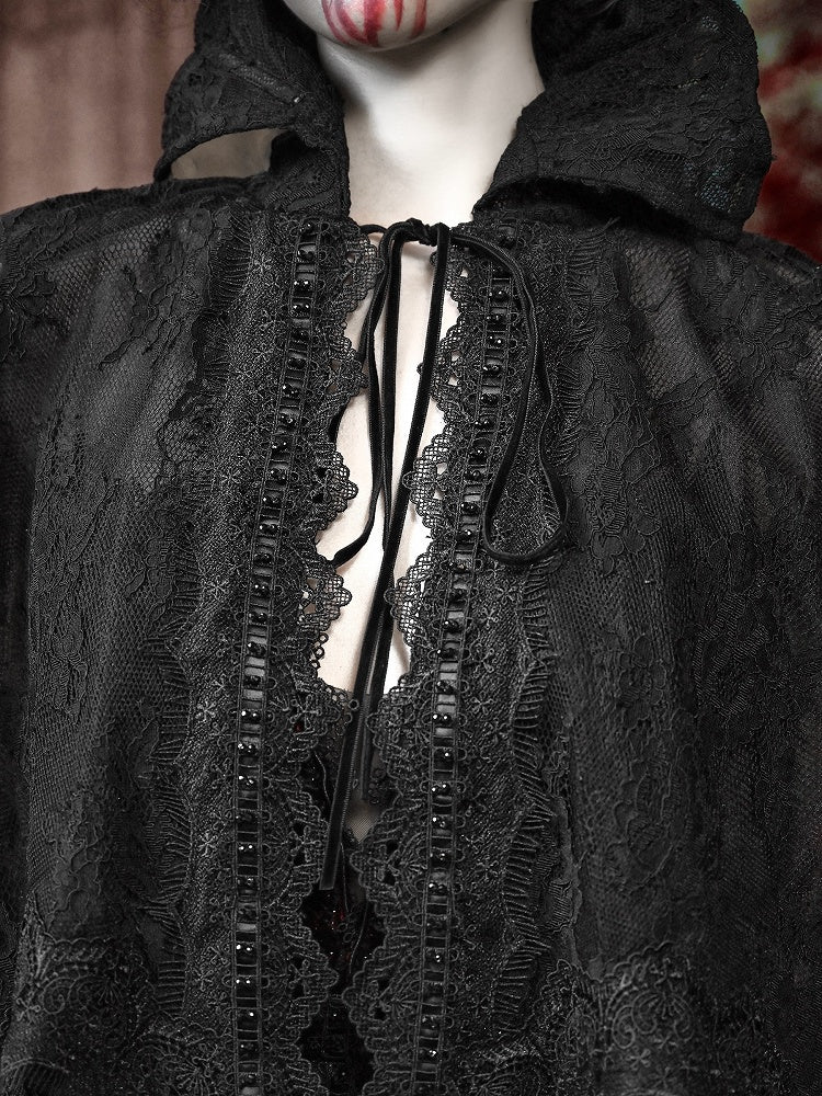Black Goth Vampire Stand Collar Lace Shawl Cape Tassels Hem