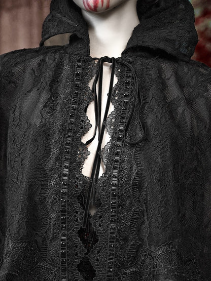Black Goth Vampire Stand Collar Lace Shawl Cape Tassels Hem