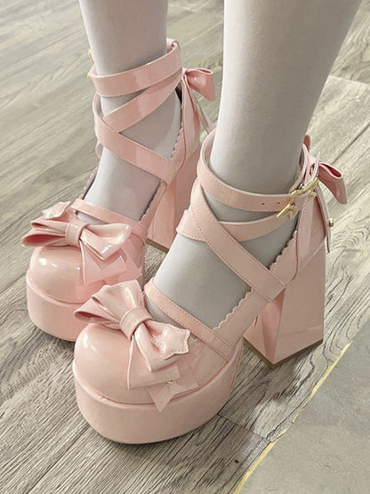 Pink Bow at Top Crisscross Design Sweet Lolita Platform High Block Heels