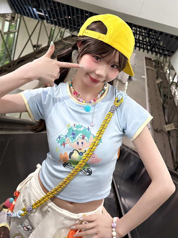 Cartoon Girl Print Blue Round Neck Cropped T-shirt with Free Necklace