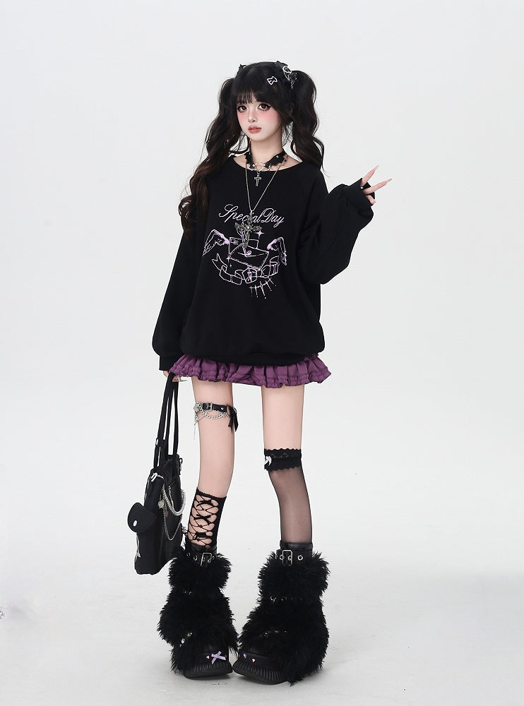 Self-tie Bowknot at Back Pink/Black Round Neck Graphic Sweatshirt