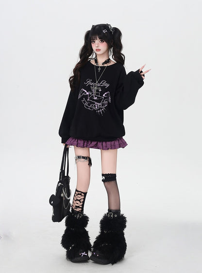 Self-tie Bowknot at Back Pink/Black Round Neck Graphic Sweatshirt