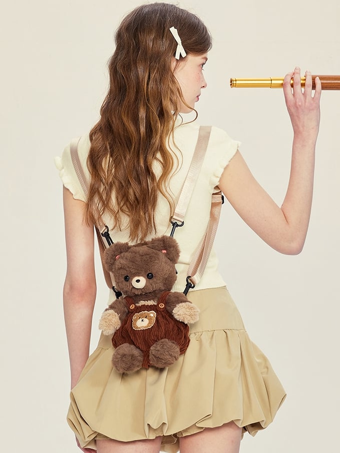 Chocolate Brown Cute Plush Bear Backpack + Overall Pants Middle/Large Size