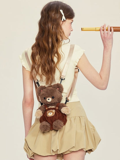 Chocolate Brown Cute Plush Bear Backpack + Overall Pants Middle/Large Size