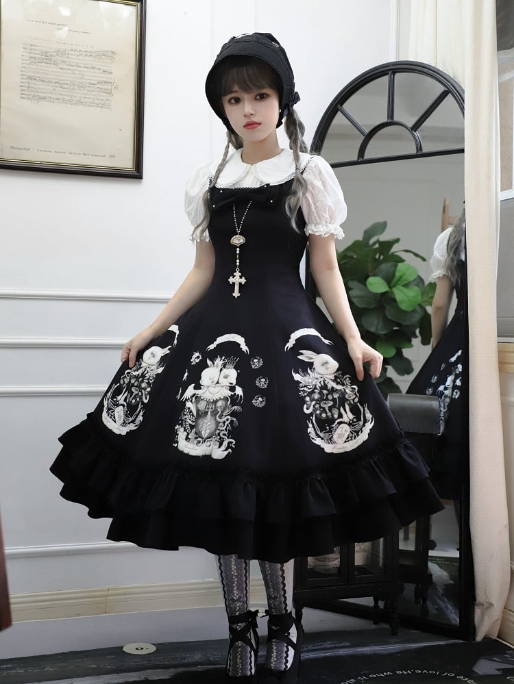 Bunny Print Black Dark Gothic Lolita Slim Fit Waist Dress