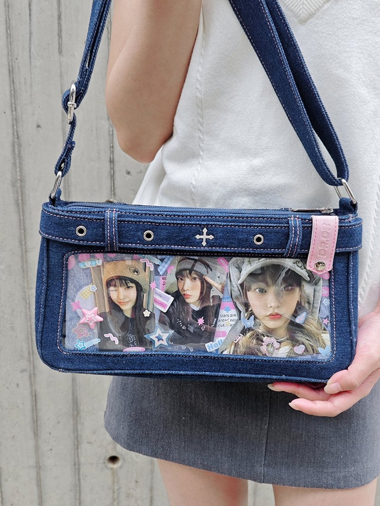 Dark Blue Cross Design Denim Ita Bag with Detachable Chain