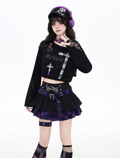 Asymmetrical Neckline Criss-cross Gray/Red Plaid Shoulder Strap Distressed Holes Coverup