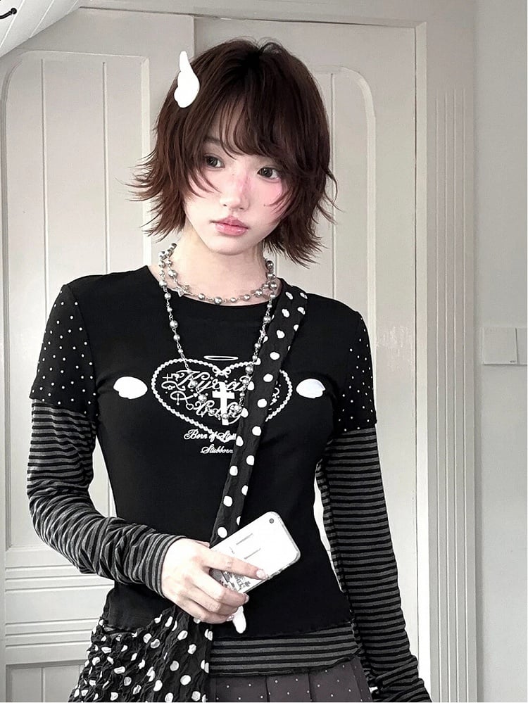 Black & Gray Striped Top with Heart & Corss Print Faux Two-pieces