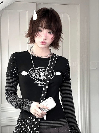 Black & Gray Striped Top with Heart & Corss Print Faux Two-pieces